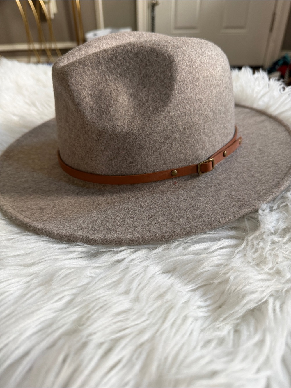 Wool Felt Wide-Brim Hat with Leather Band - Taupe